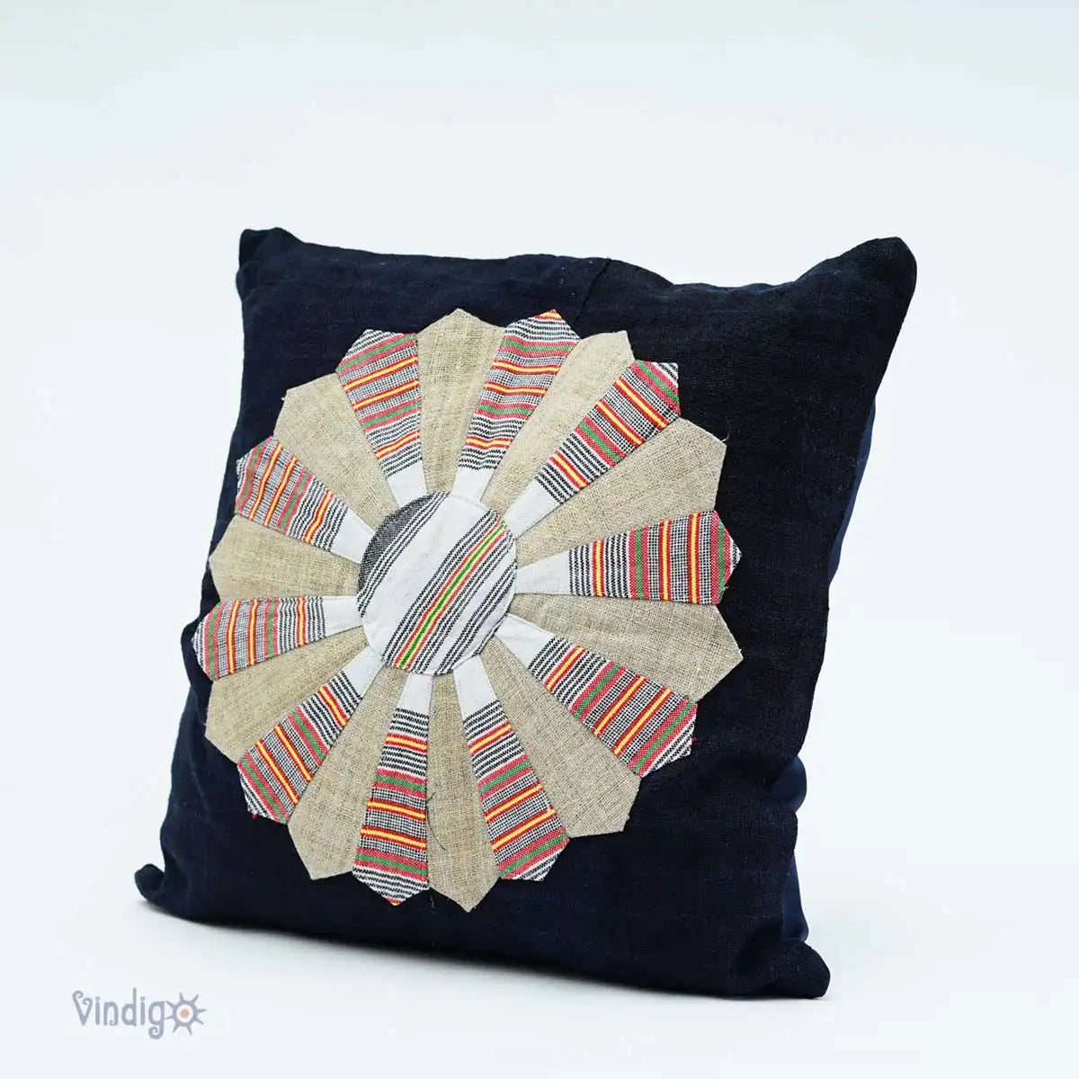 Alternate front view of Dresden Plate quilt design on indigo cushion cover