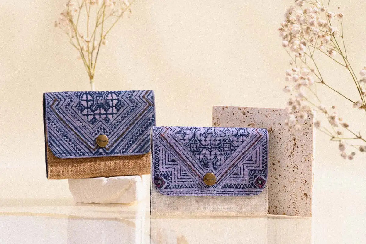 Vindigo handmade hemp cardholders on display in natural lighting