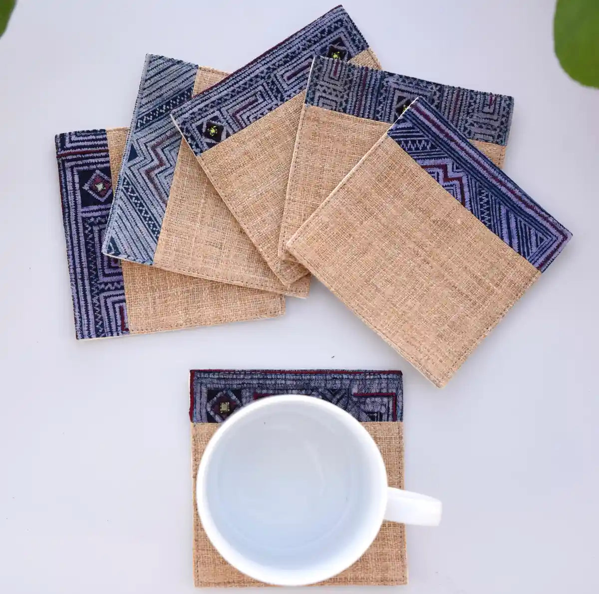 Set of handmade hemp coasters with blue indigo fabric detail