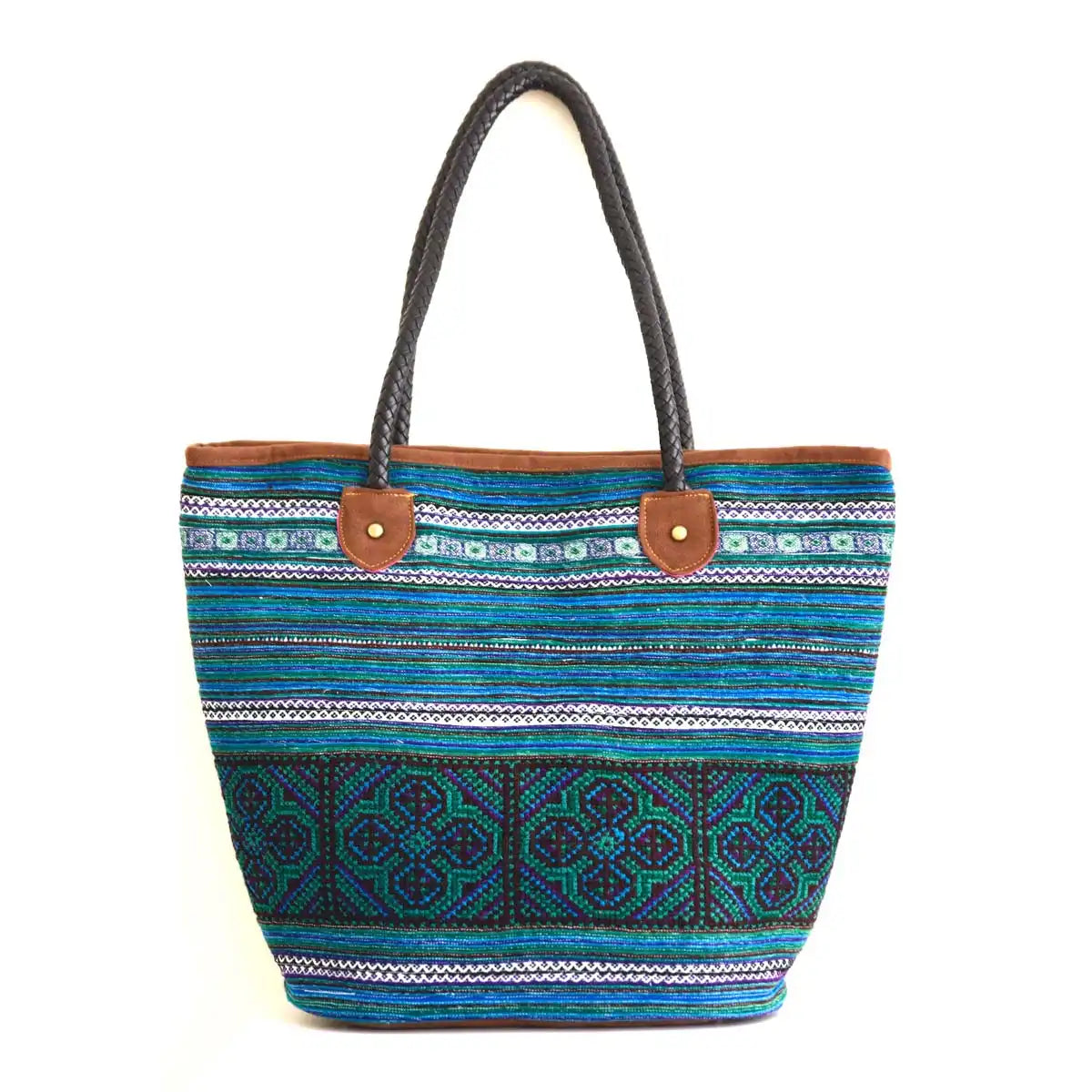 Front view of blue hemp tribal tote bag with leather handles