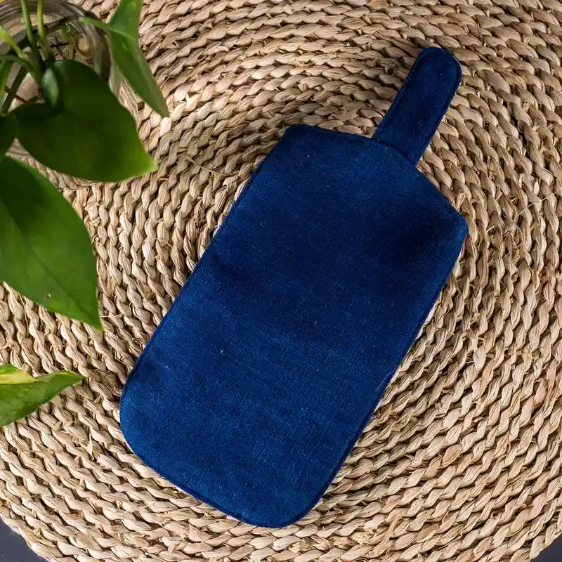 Vindigo phone case back view with indigo hemp fabric