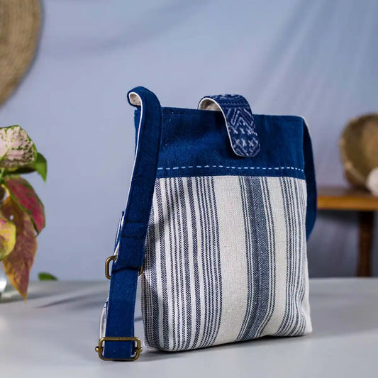 Vindigo black and white striped hemp crossbody bag with indigo flap side angle