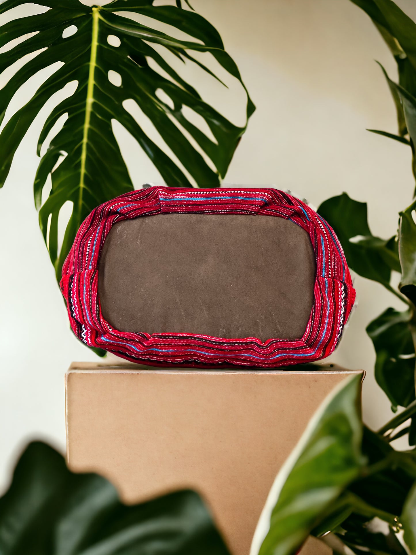 Handmade Red Embroidered Handbag – Knot Handles, Faux Leather, Pink Inner Lining