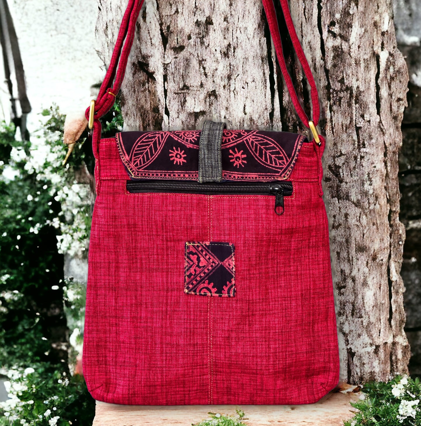 Batik cross-body bag, hand-drawn batik pattern, phoenix red