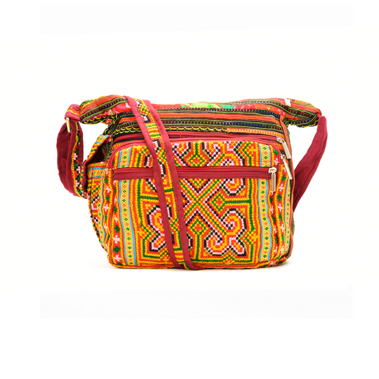 Boho-style linen, embroidery cross-body bag, H'mong tribal pattern in ORANGE