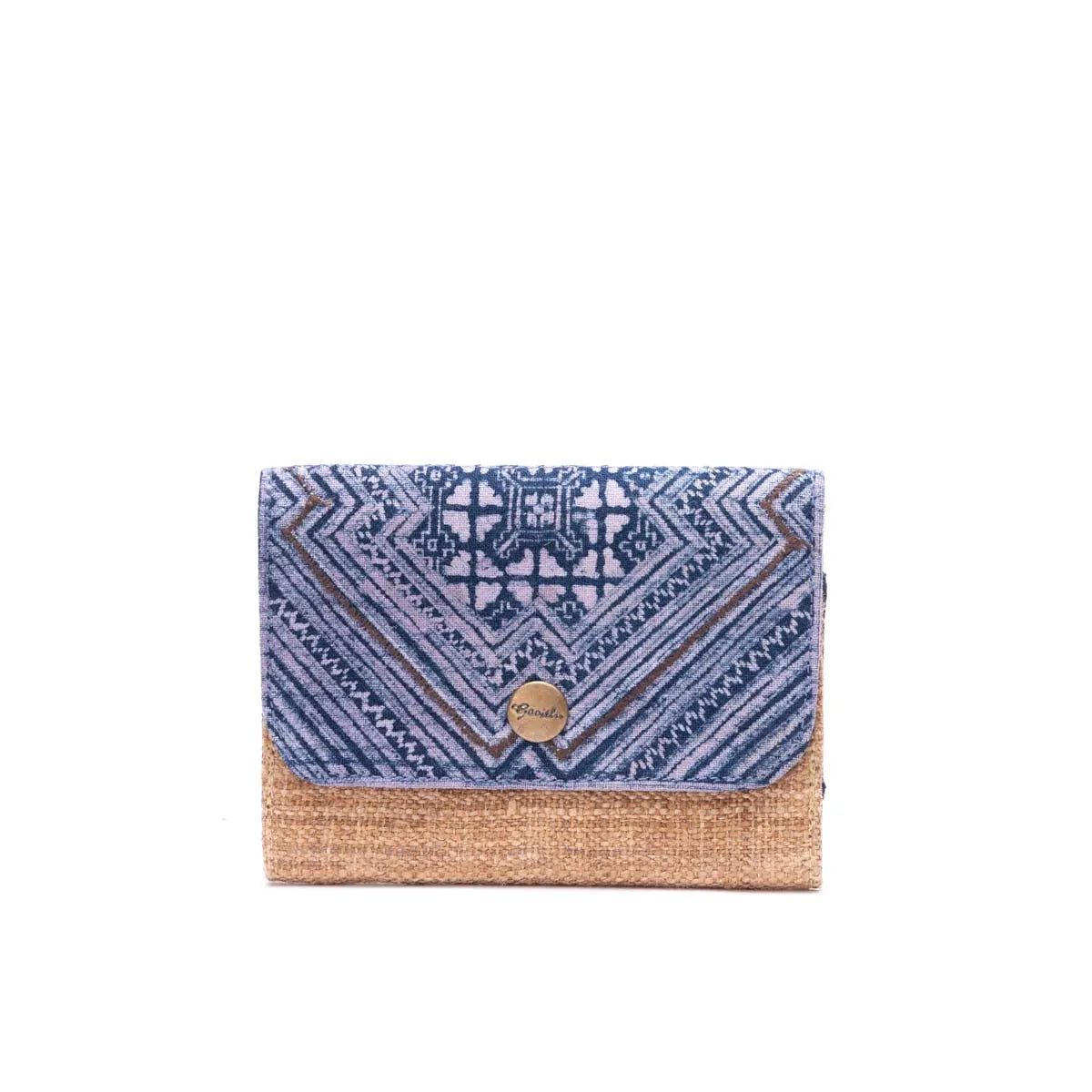 Vindigo blue batik cardholder with beige hemp base front view
