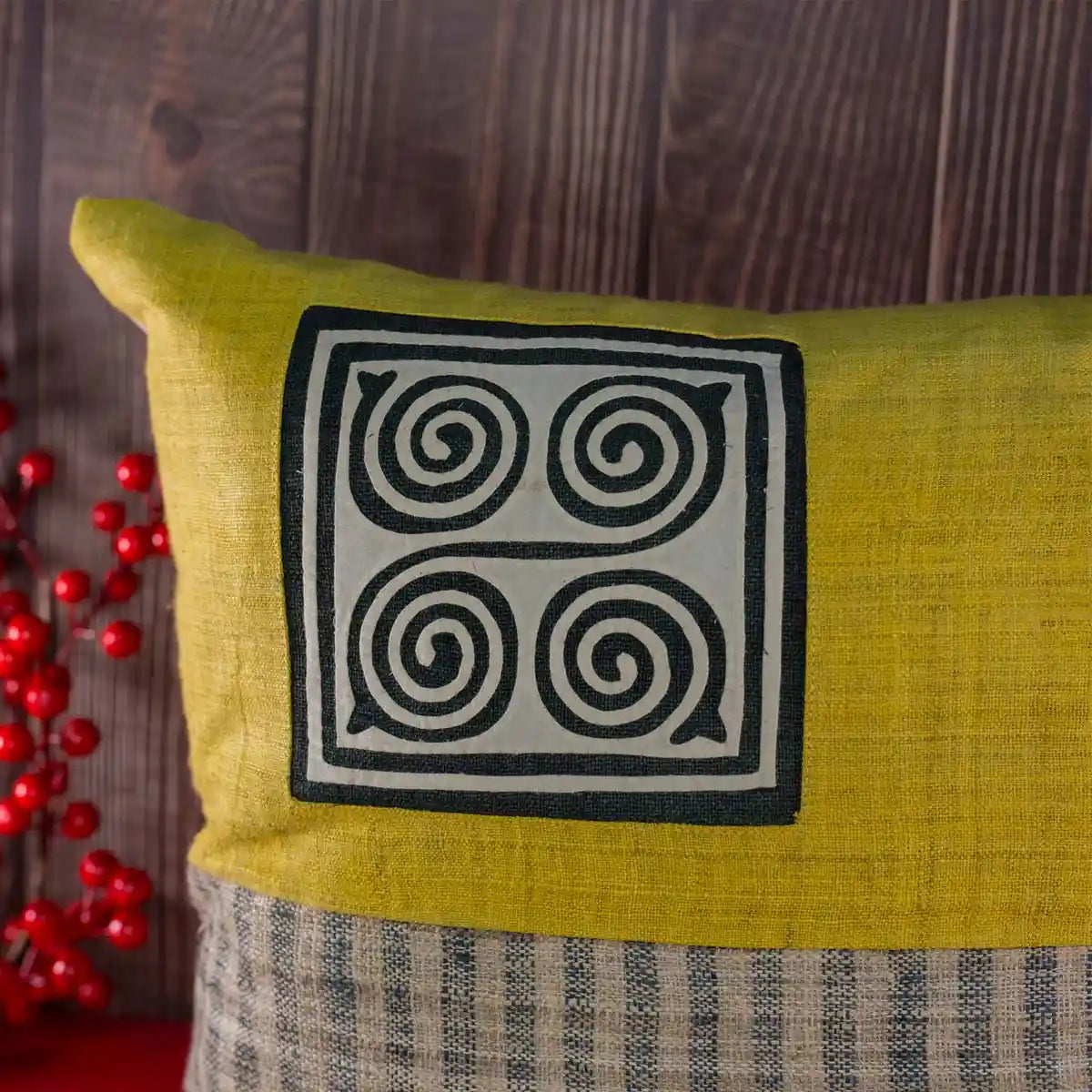 Vindigo handwoven hemp cushion close-up showing spiral embroidery detail