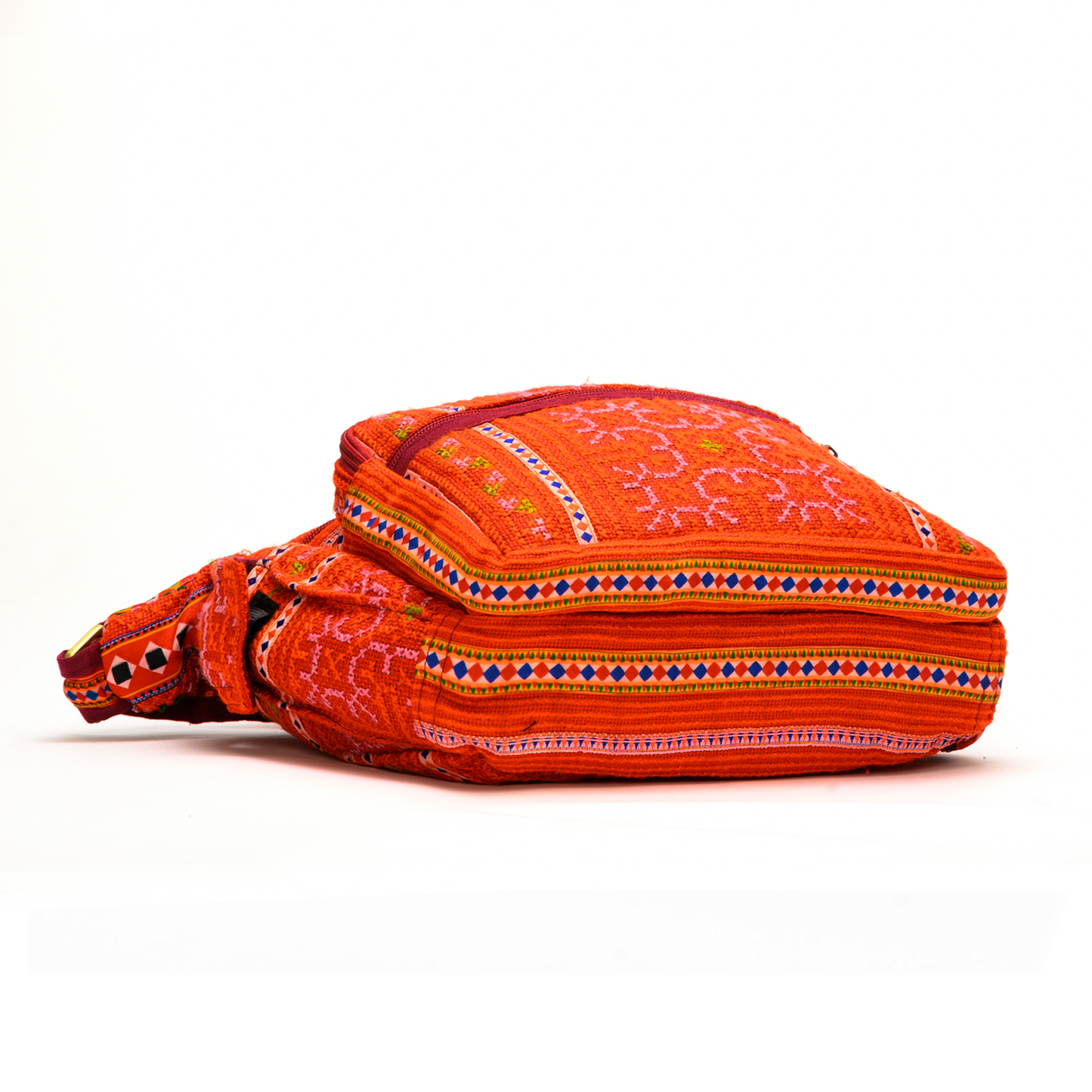 Boho-style linen, embroidery cross-body bag, H'mong tribal pattern in RED