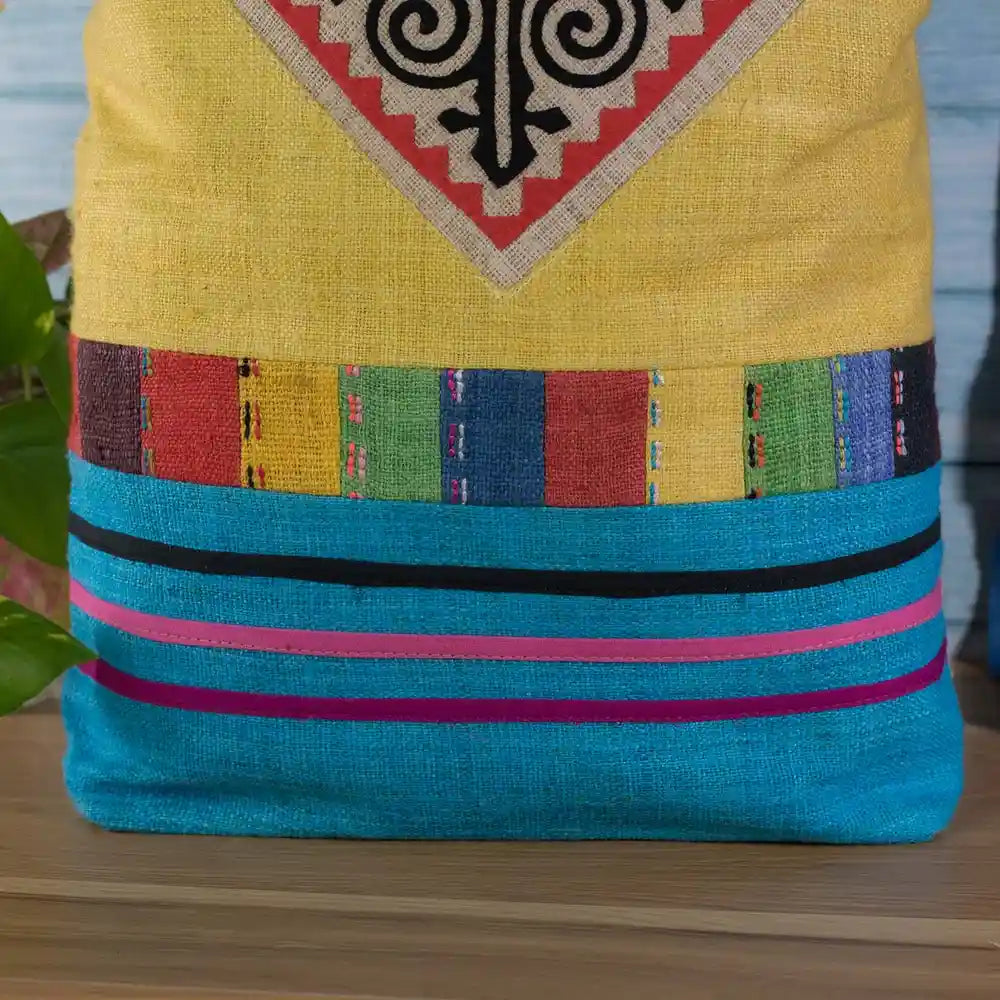 Vindigo tote bag yellow hemp spiral patch and colorful stripe front view
