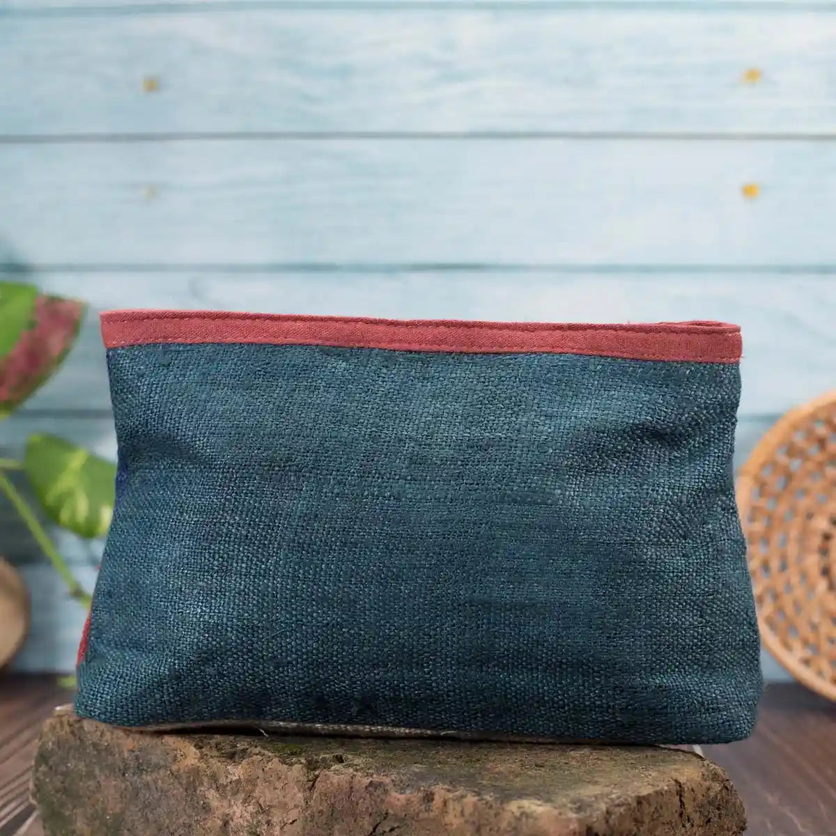 Vindigo hemp cosmetic bag back view in plain blue hemp