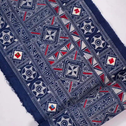 Vindigo blue hemp fabric roll close-up of geometric motifs