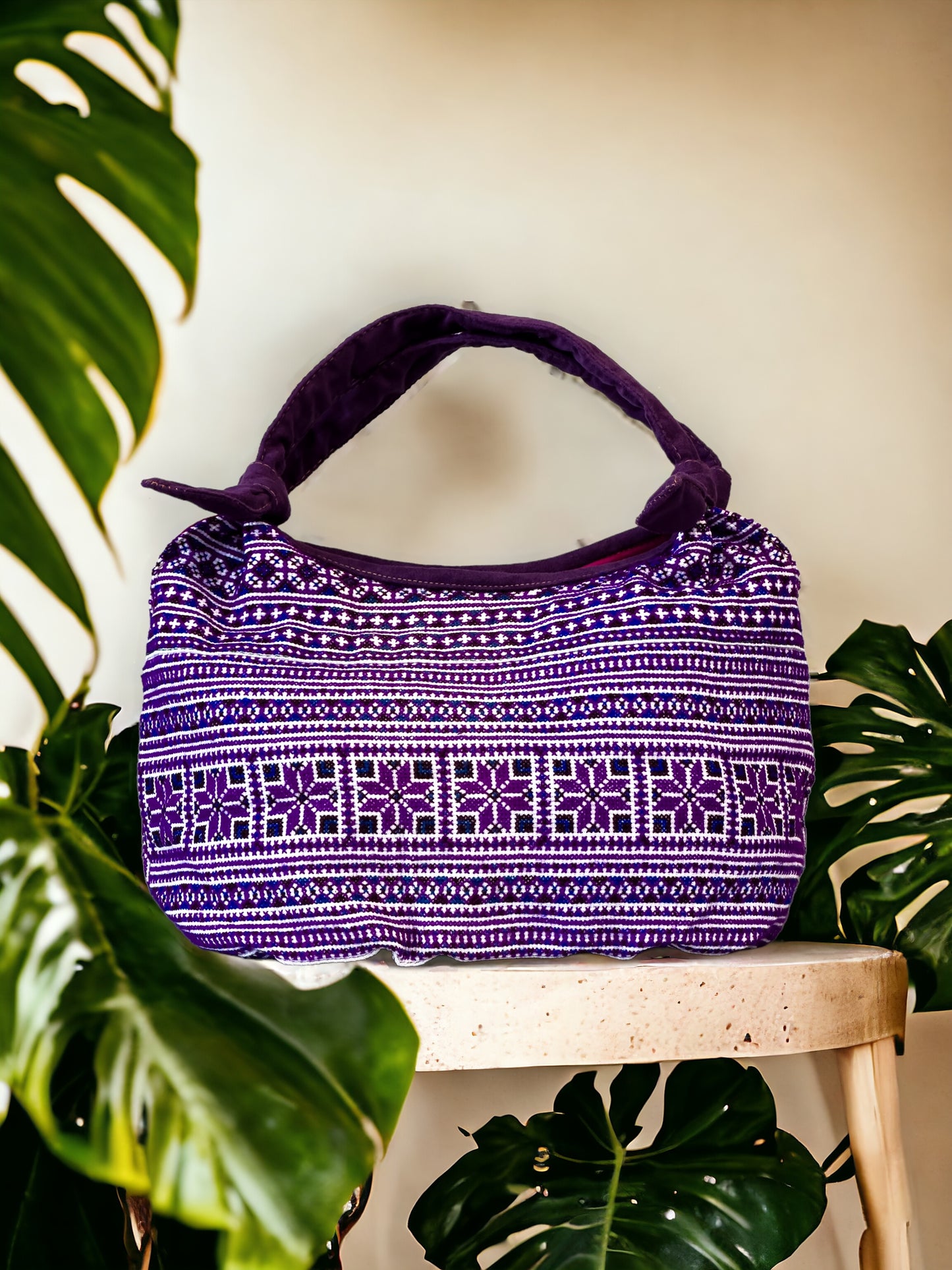 Handmade Purple Embroidered Handbag – Knot Handles, Faux Leather, Pink Inner Lining