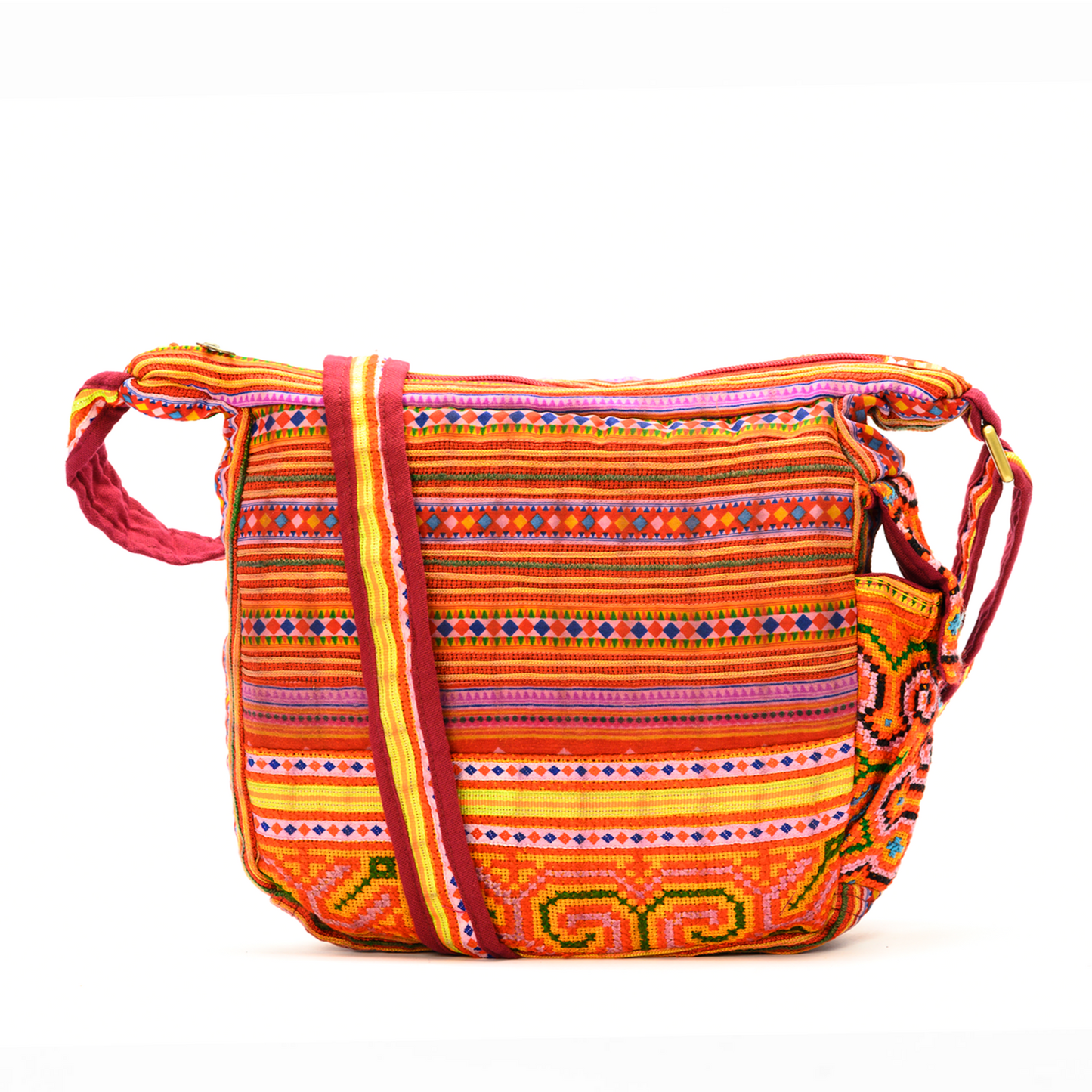 Boho-style linen, embroidery cross-body bag, H'mong tribal pattern in RED