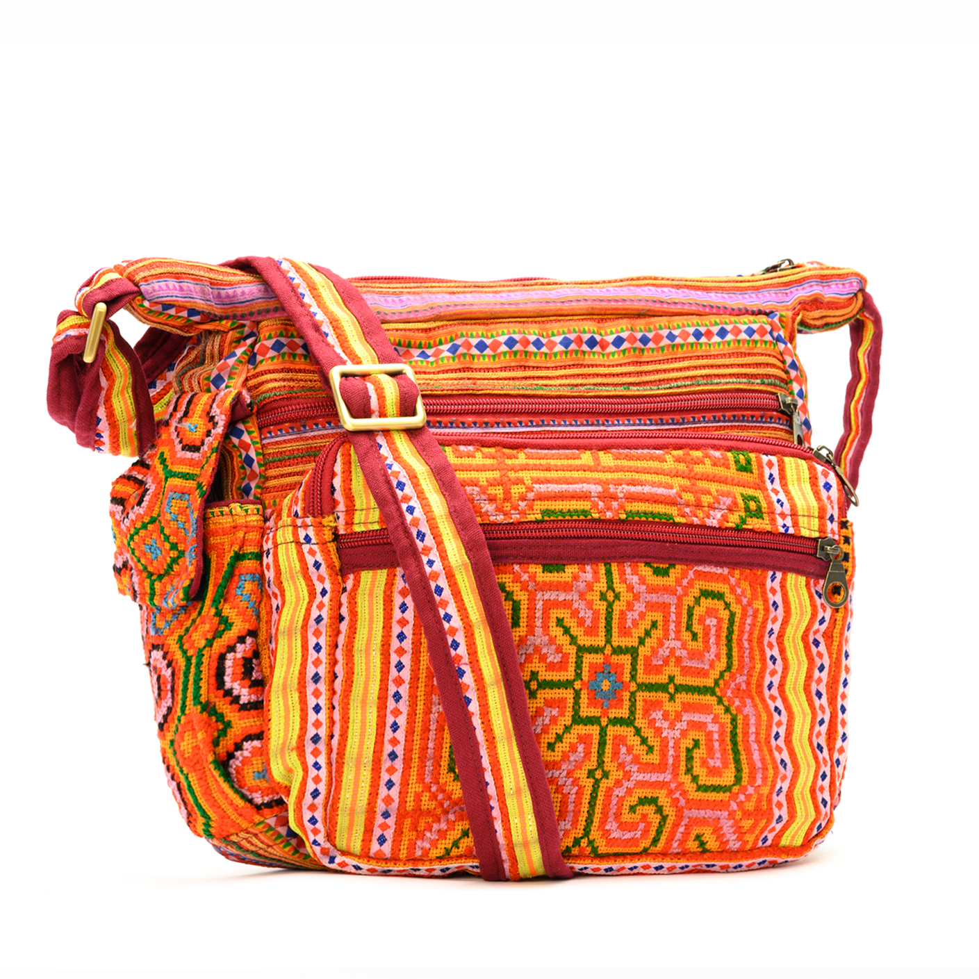 Boho-style linen, embroidery cross-body bag, H'mong tribal pattern in RED