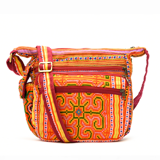 Boho-style linen, embroidery cross-body bag, H'mong tribal pattern in RED