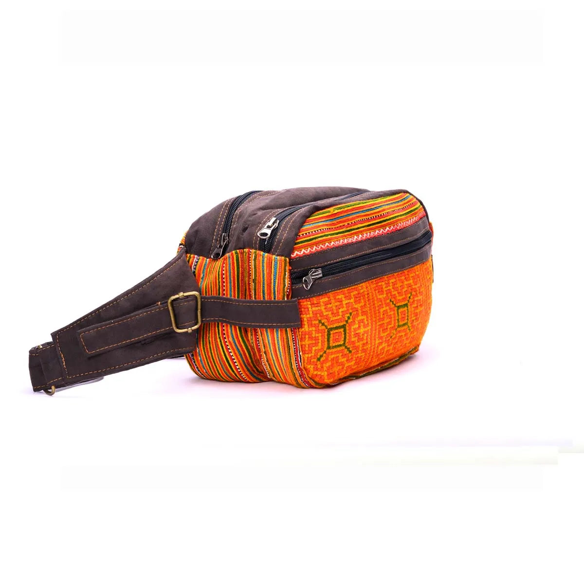 Vindigo orange waist bag side view showing brown faux leather strap and buckle