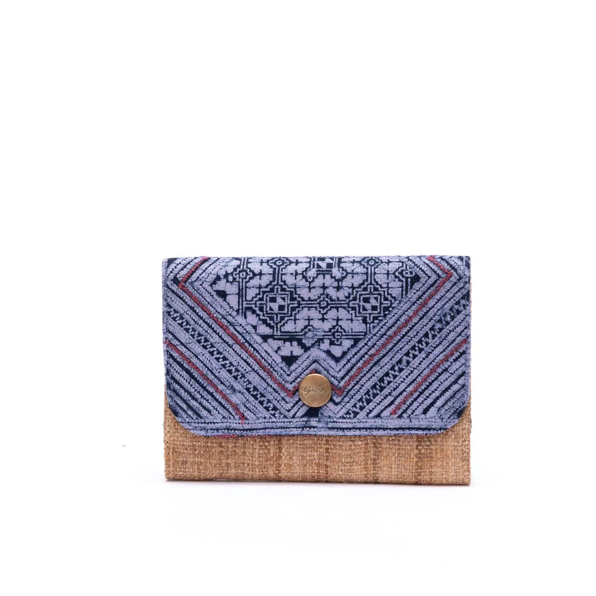 Vindigo tribal patterned blue cardholder with metal clasp front view