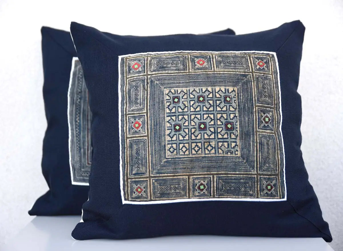 Pair of indigo hemp cushion covers with matching embroidered designs