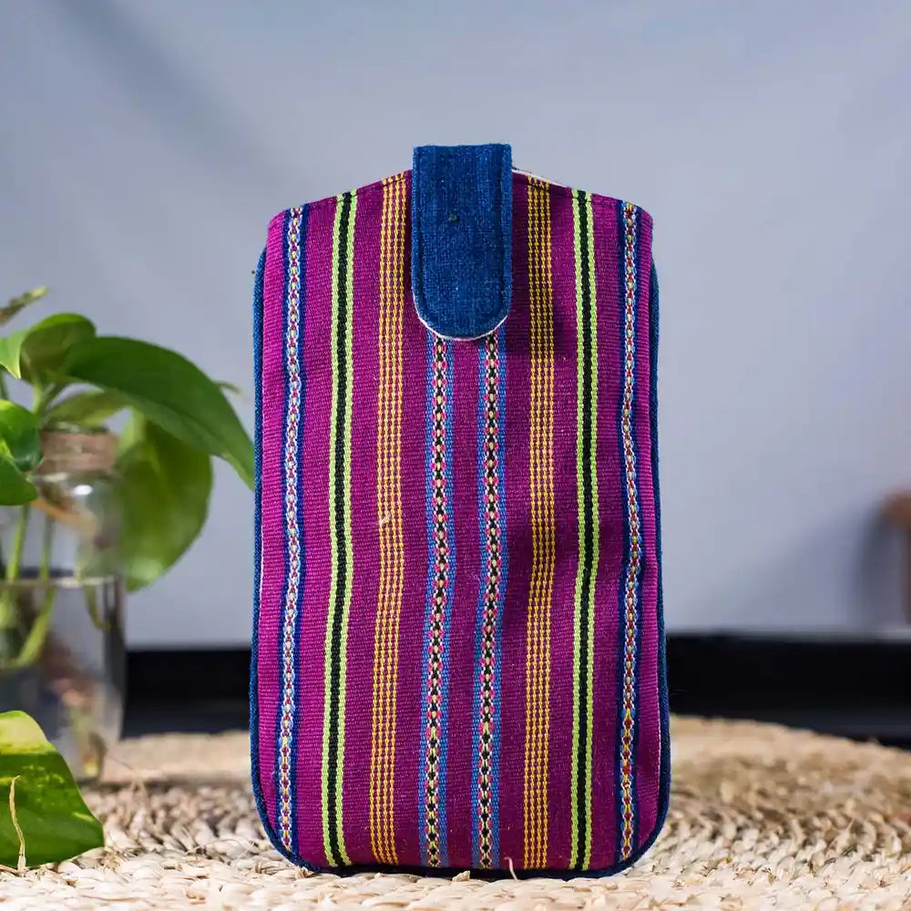 Vindigo purple ethnic-striped phone case standing view