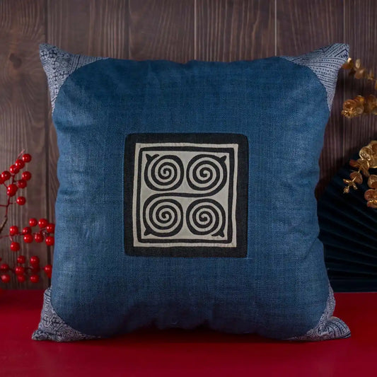 Vindigo blue hemp cushion cover with indigo batik corners and white spiral design