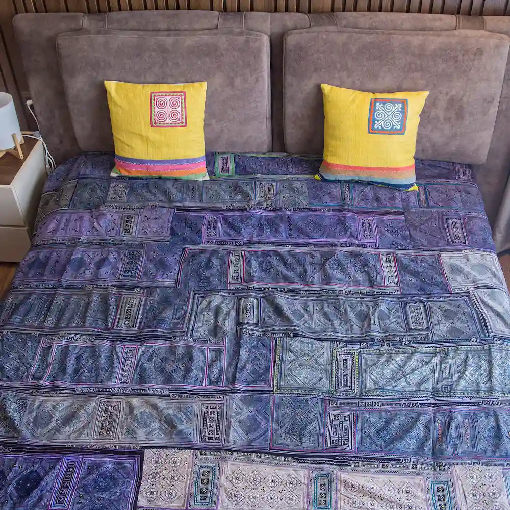 Vindigo indigo and violet cotton bed cover hand-stitched tribal patterns front