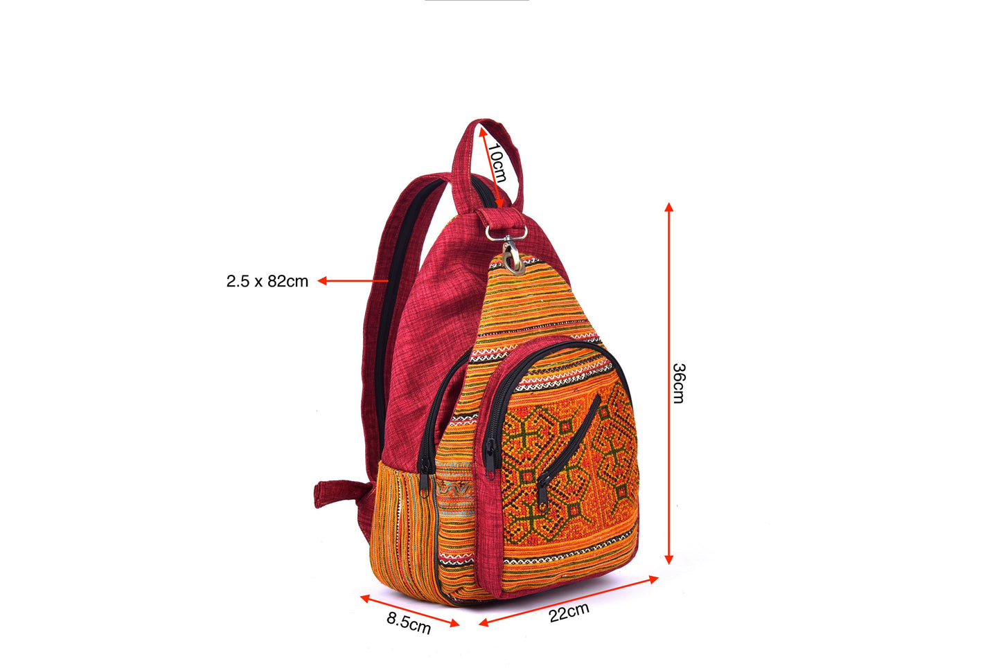 Multi-purpose backpack and sling, red hand-embroidery fabric, blue trim