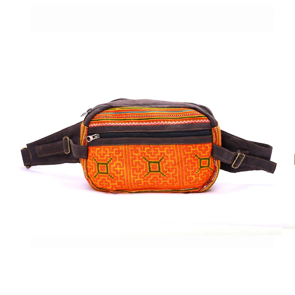Vindigo orange embroidered waist bag front close-up showing H’mong textile pattern