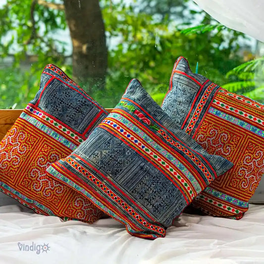 Vindigo cushion cover orange H’mong batik embroidered lifestyle setup