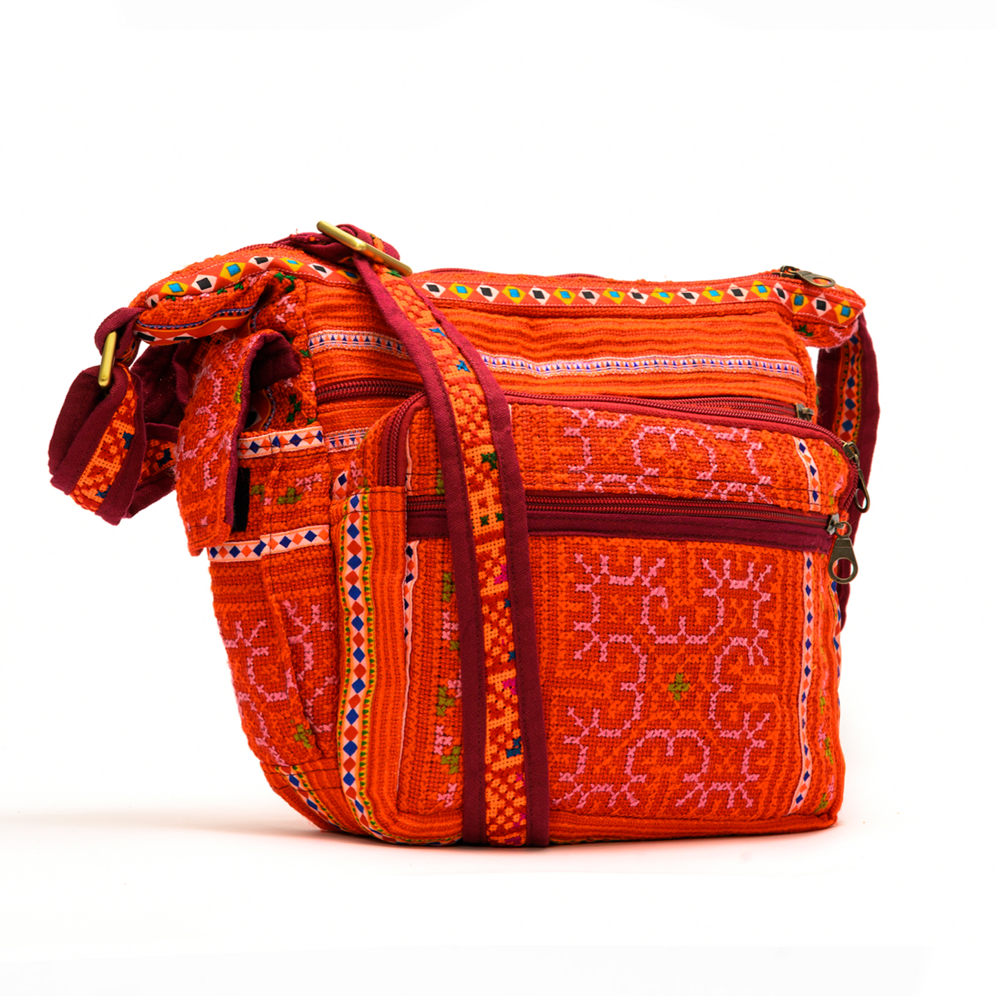 Boho-style linen, embroidery cross-body bag, H'mong tribal pattern in RED