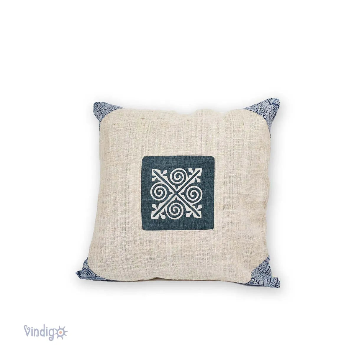 Front view of square hemp cushion with indigo patch on white