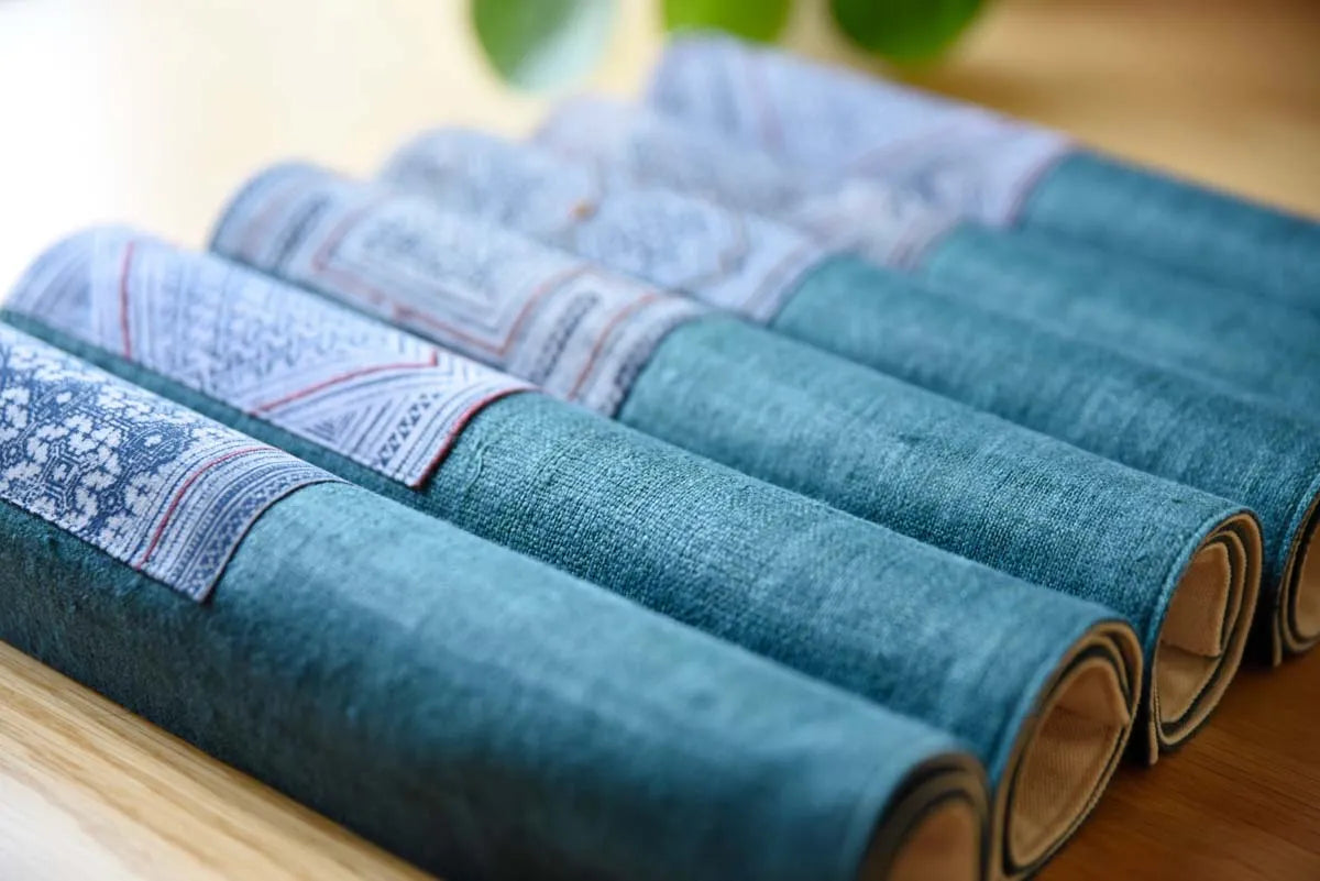 Indigo hemp napkin set arranged in parallel with soft lighting