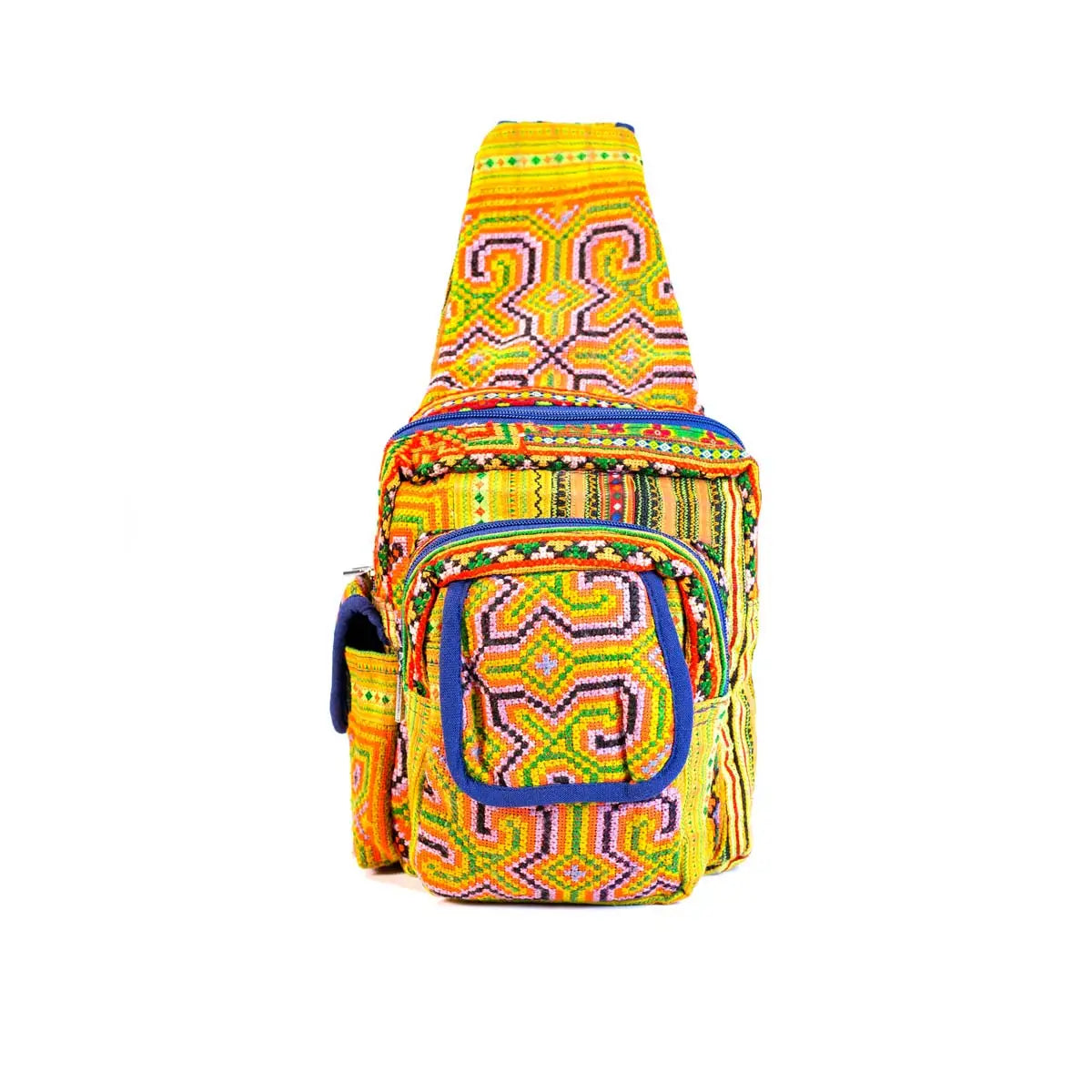 Vindigo yellow tribal hemp sling bag upright front display