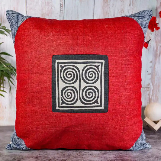 Vindigo red hemp cushion cover front view with spiral motif