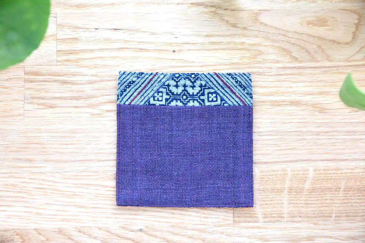 Close-up showing texture of handwoven indigo hemp coaster