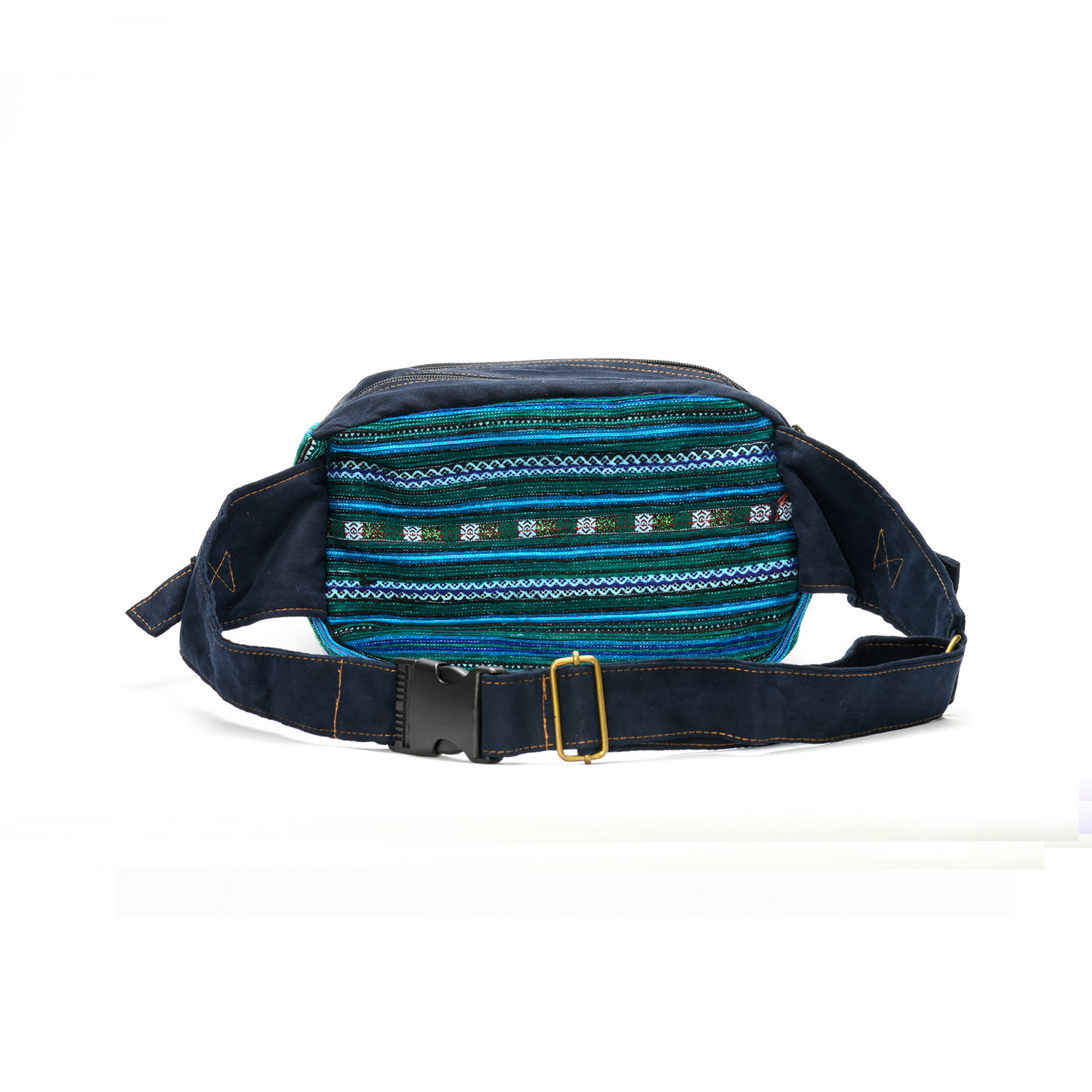 Green Waist bag, dark blue strap, embroidery and faux leather