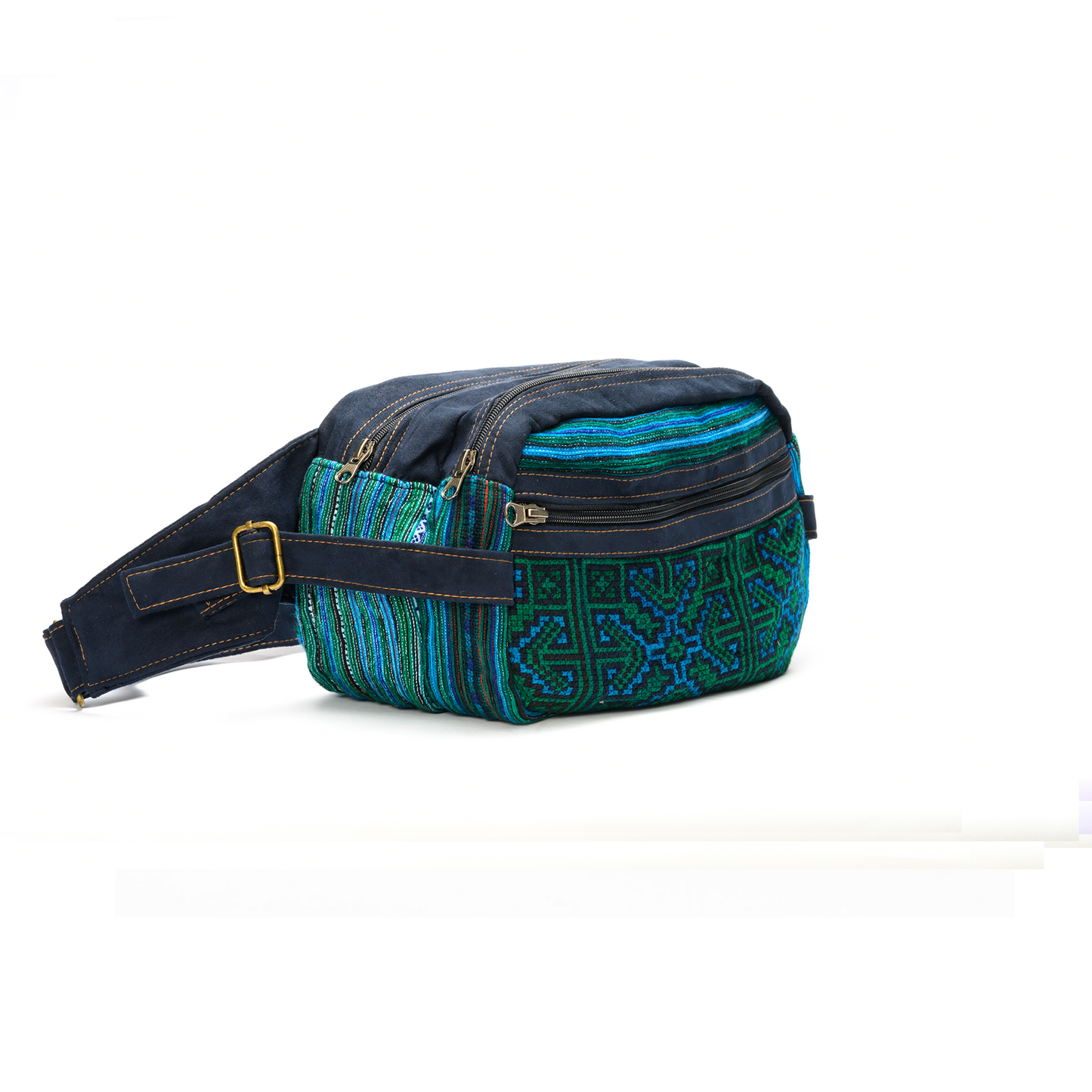 Green Waist bag, dark blue strap, embroidery and faux leather