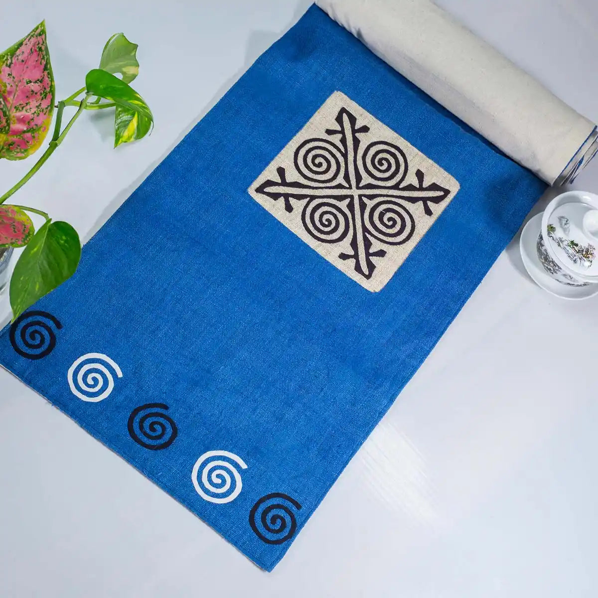 Vindigo blue hemp table runner full layout showing spiral decorations and central embroidery
