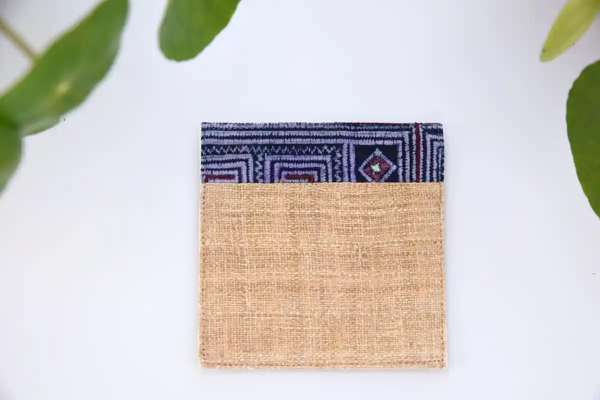 Detailed shot of traditional indigo woven fabric on hemp coaster