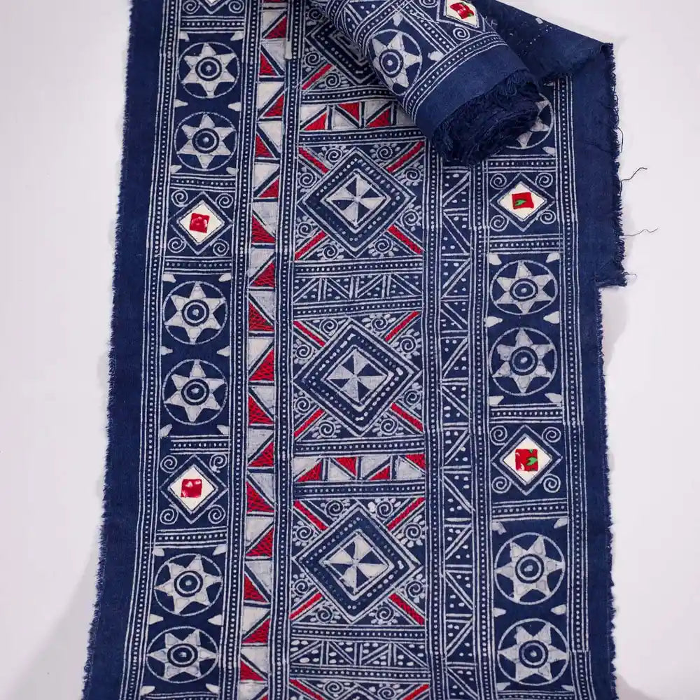 Vindigo hemp fabric roll with blue geometric embroidery