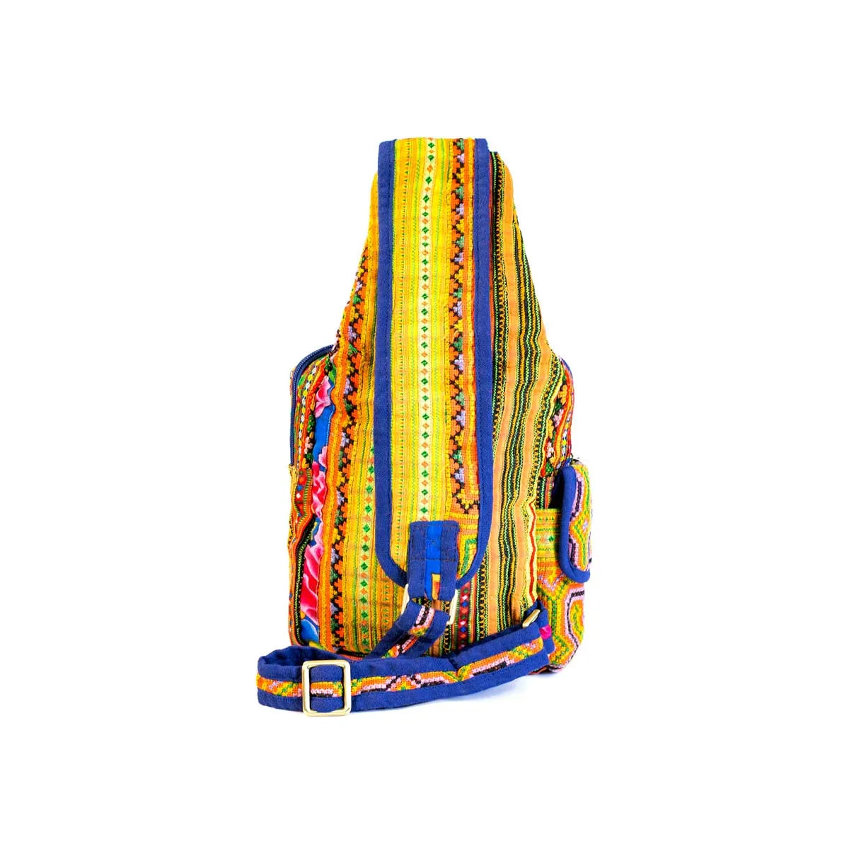 Vindigo yellow hemp tribal sling bag showing side strap