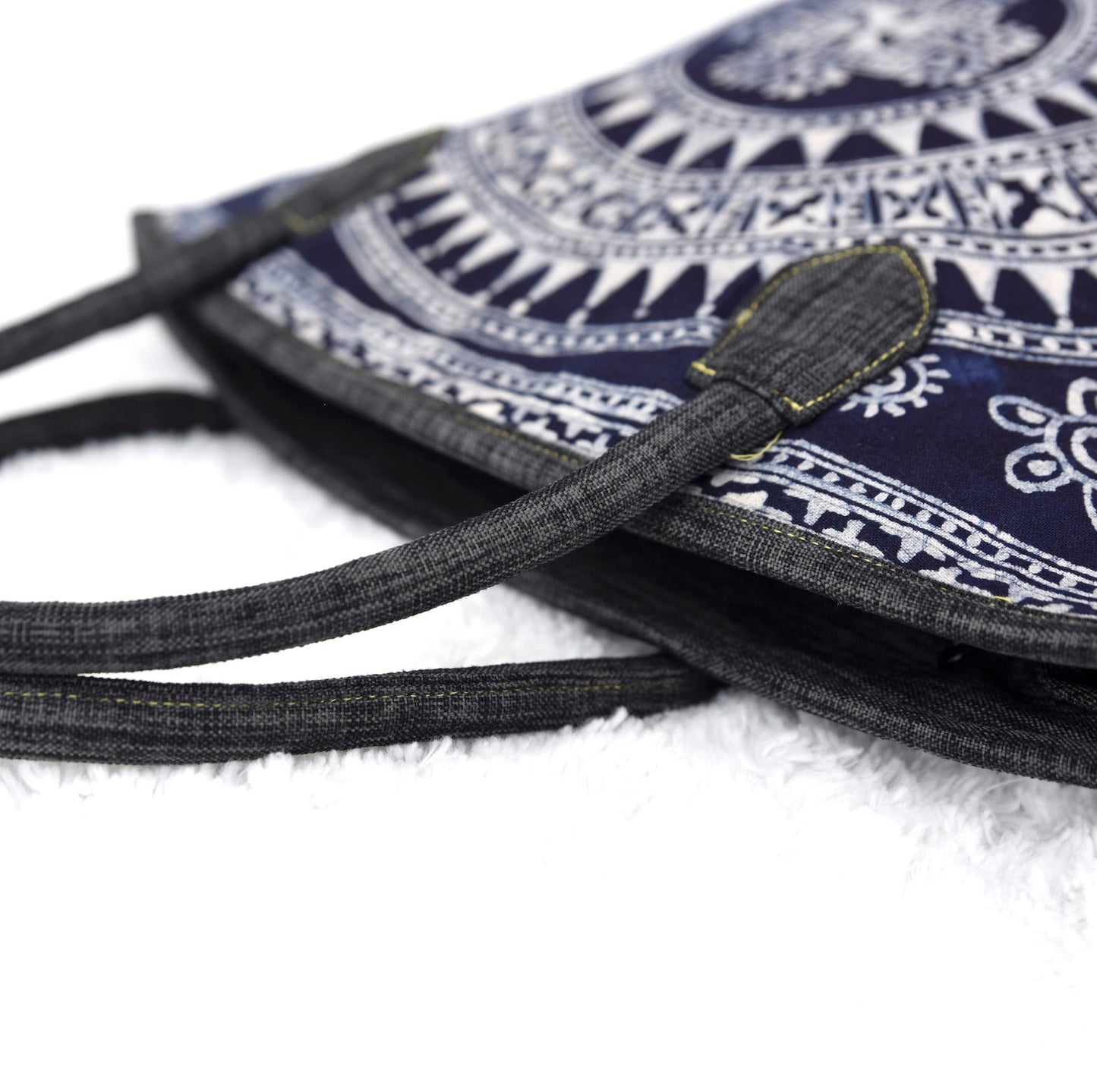 Bucket tote bag, grey handles, indigo blue batik fabric fabric in H'mong pattern