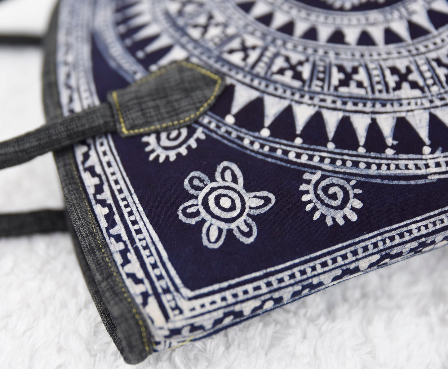 Bucket tote bag, grey handles, indigo blue batik fabric fabric in H'mong pattern