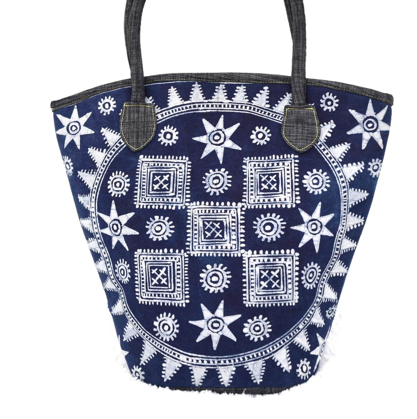 Bucket tote bag, grey handles, indigo blue batik fabric fabric in H'mong pattern