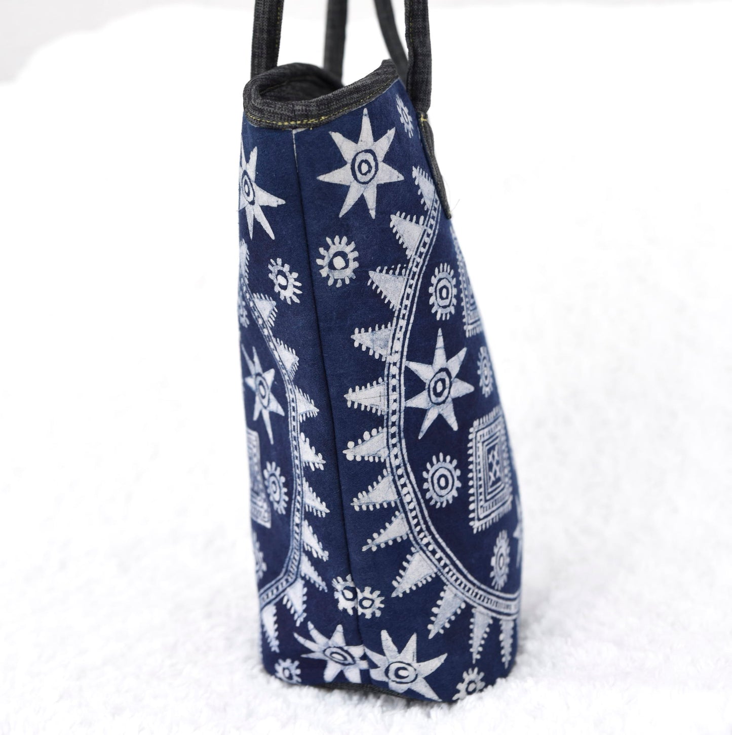 Bucket tote bag, grey handles, indigo blue batik fabric fabric in H'mong pattern