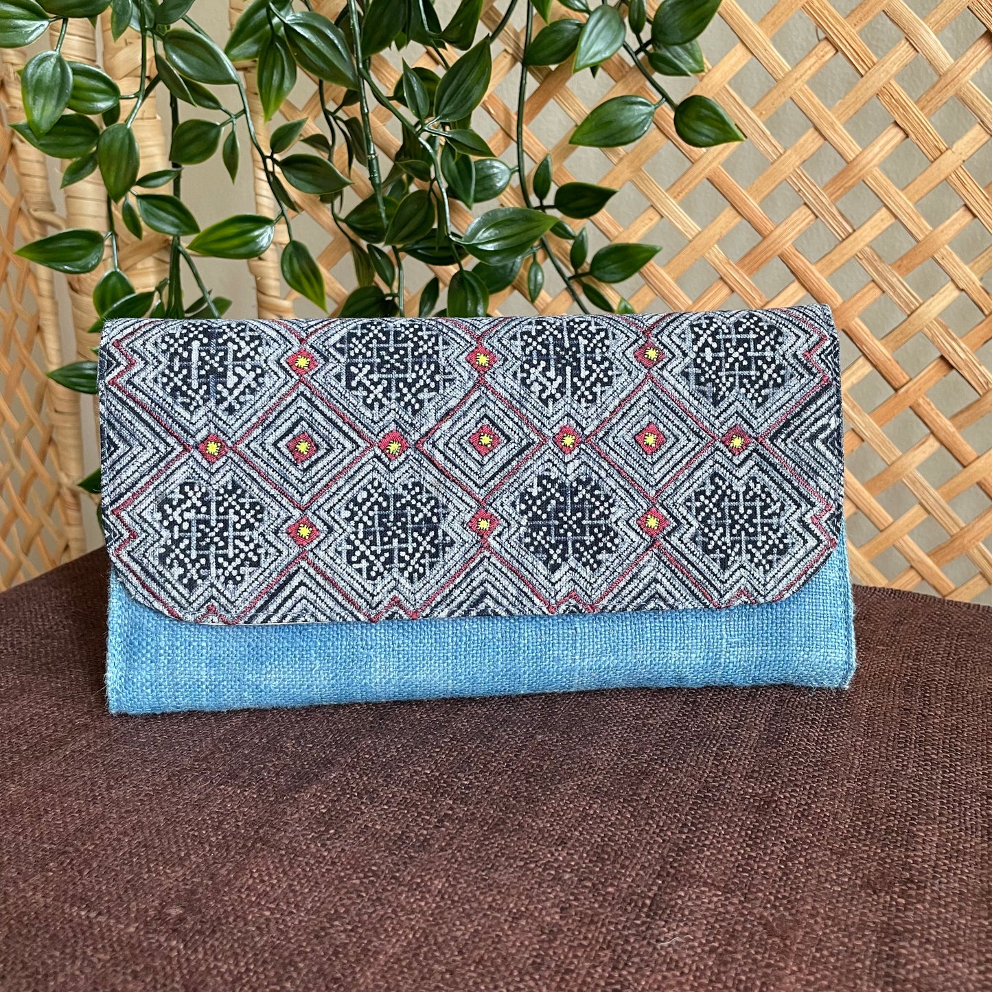 Light blue long purse, Hemp fabric, Indigo Batik fabric, H'mong pattern