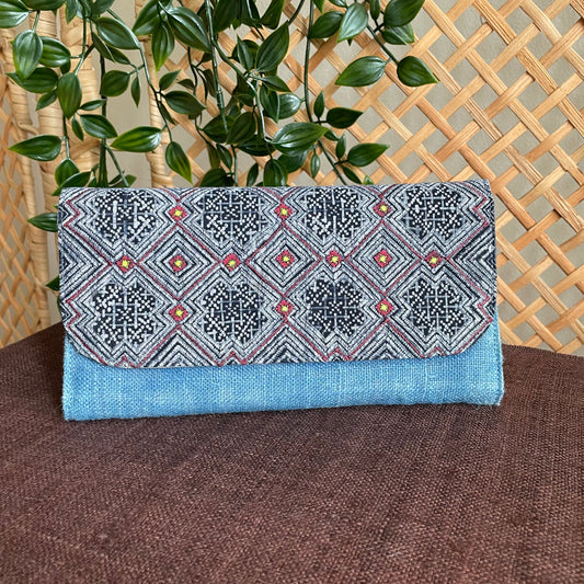 Light blue long purse, Hemp fabric, Indigo Batik fabric, H'mong pattern