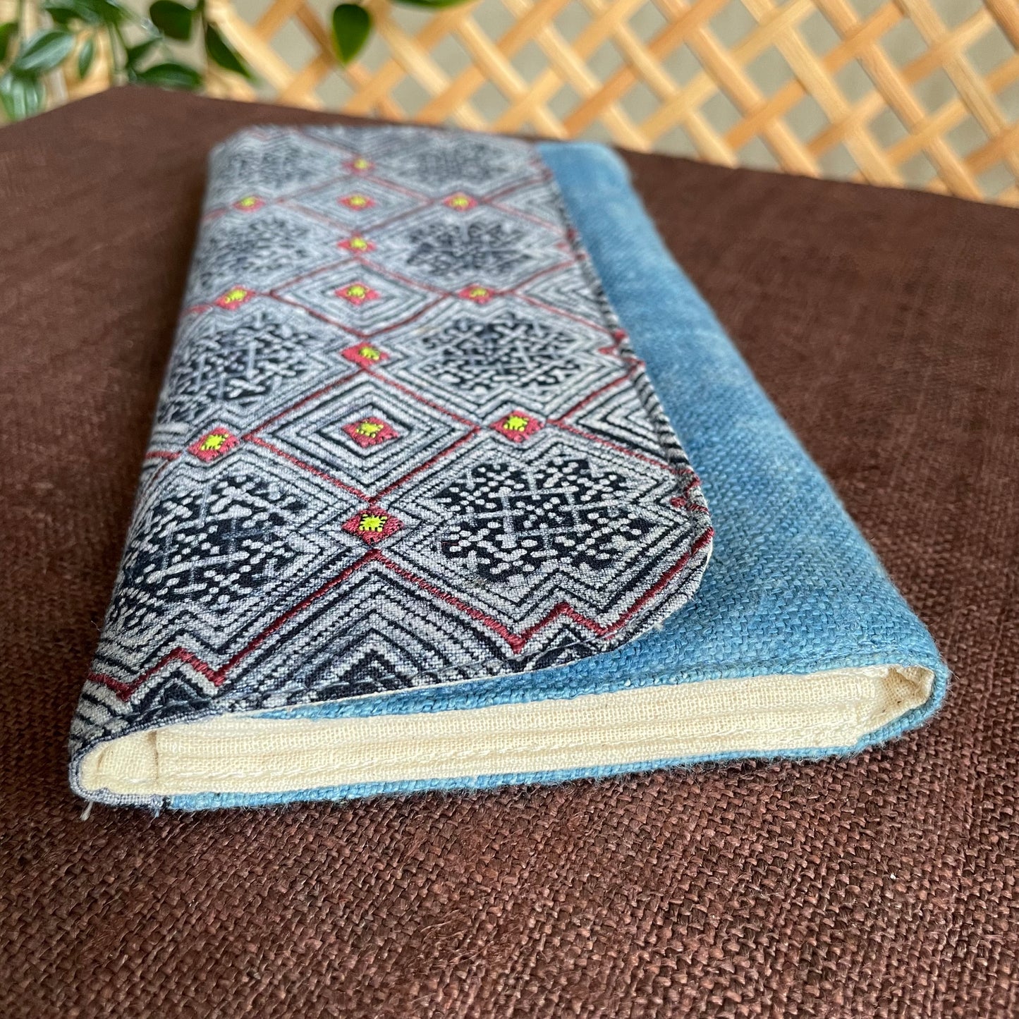 Light blue long purse, Hemp fabric, Indigo Batik fabric, H'mong pattern