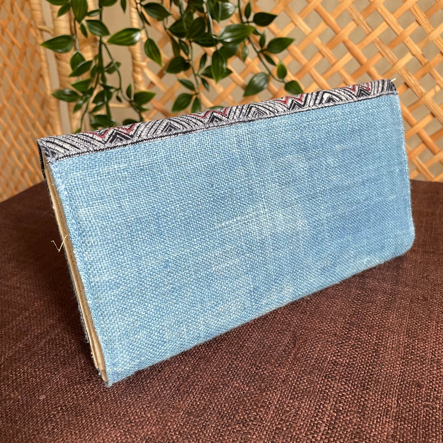 Light blue long purse, Hemp fabric, Indigo Batik fabric, H'mong pattern