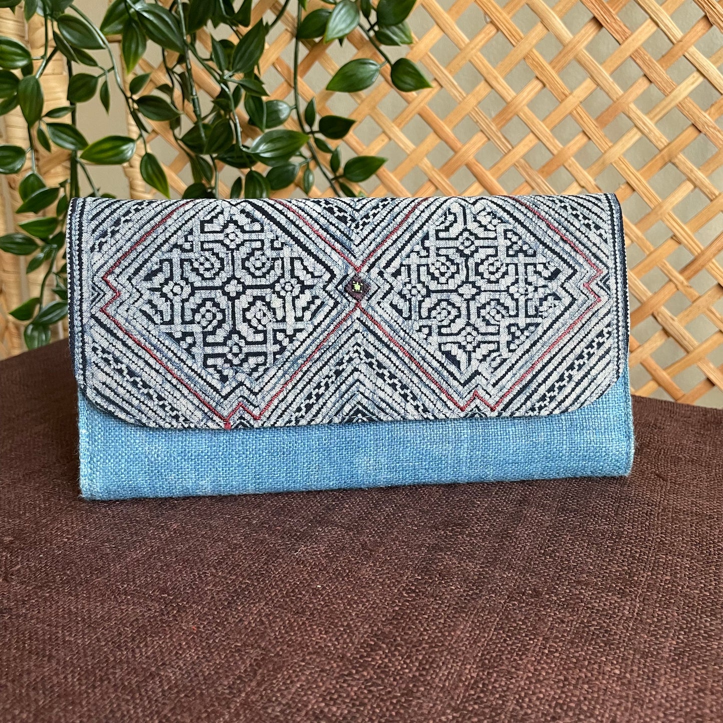 Light blue long purse, Hemp fabric, Indigo Batik fabric, H'mong pattern