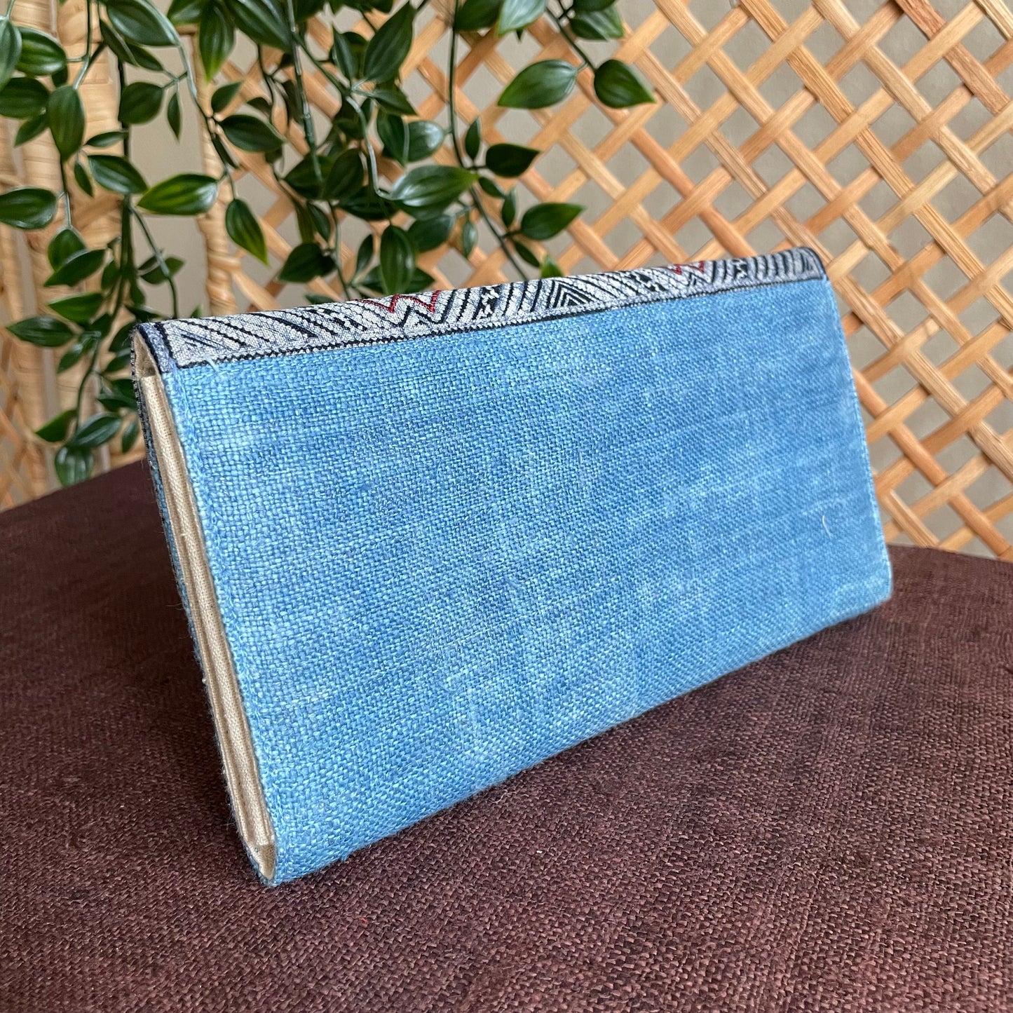 Light blue long purse, Hemp fabric, Indigo Batik fabric, H'mong pattern